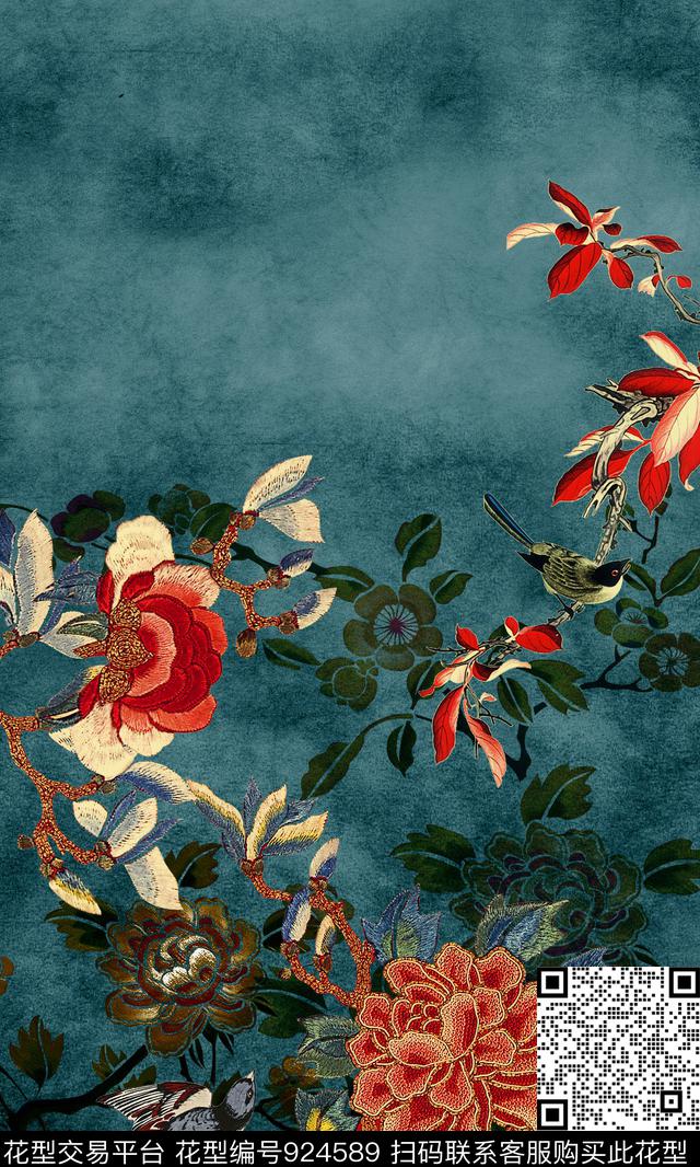 花卉定位花中国风定位花数码印花华亿平台下载（图片编号: 924589） - 瓦栏（Walan）