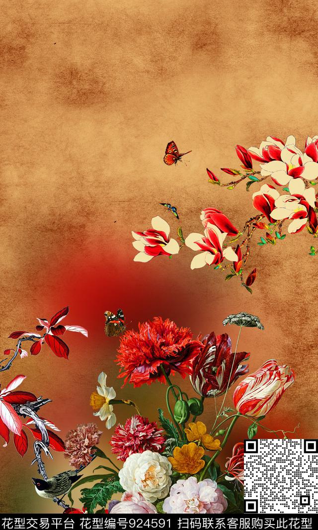 玉兰花牡丹康乃馨数码印花华亿平台下载（图片编号: 924591） - 瓦栏（Walan）