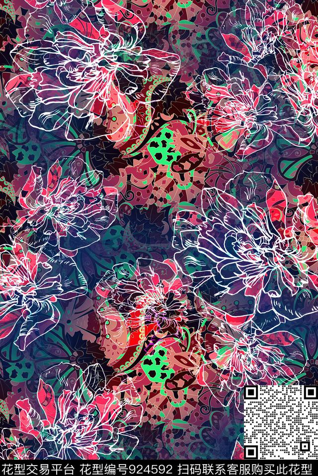 花卉抽象花卉数码印花华亿平台下载（图片编号: 924592） - 瓦栏（Walan）
