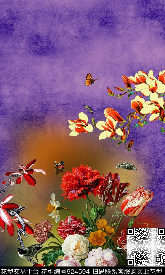 玉兰花牡丹康乃馨数码印花华亿平台下载（图片编号: 924594） - 瓦栏（Walan）