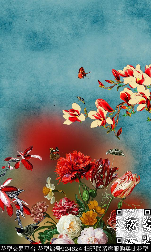 玉兰花牡丹康乃馨数码印花华亿平台下载（图片编号: 924624） - 瓦栏（Walan）