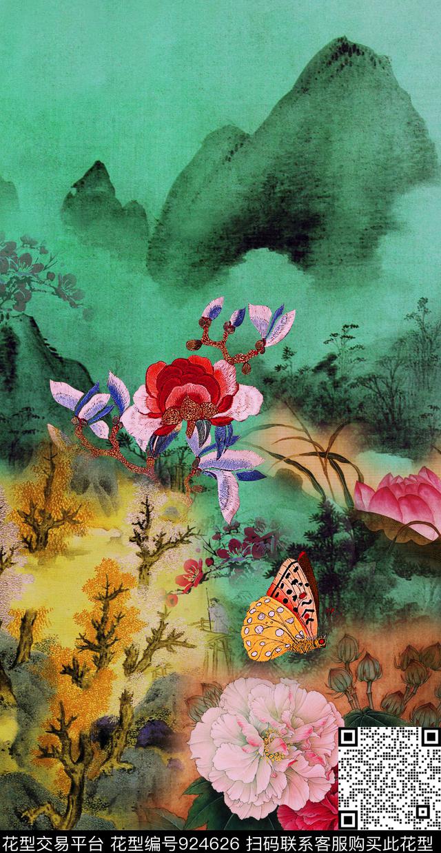 花卉中国风定位花蝴蝶数码印花华亿平台下载（图片编号: 924626） - 瓦栏（Walan）