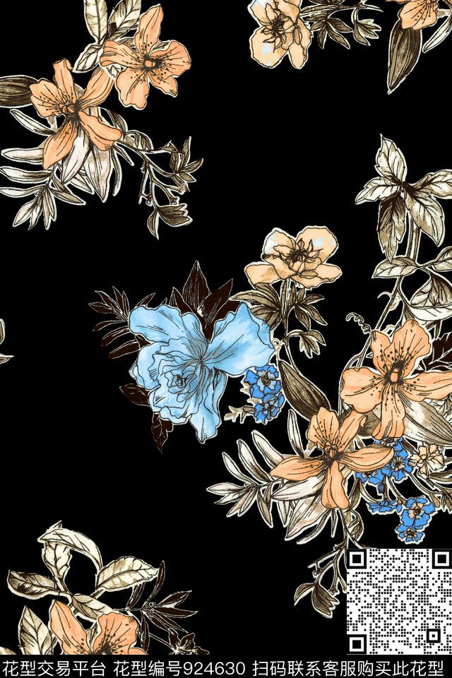 黑底花卉简约年轻女性数码印花华亿平台下载（图片编号: 924630） - 瓦栏（Walan）