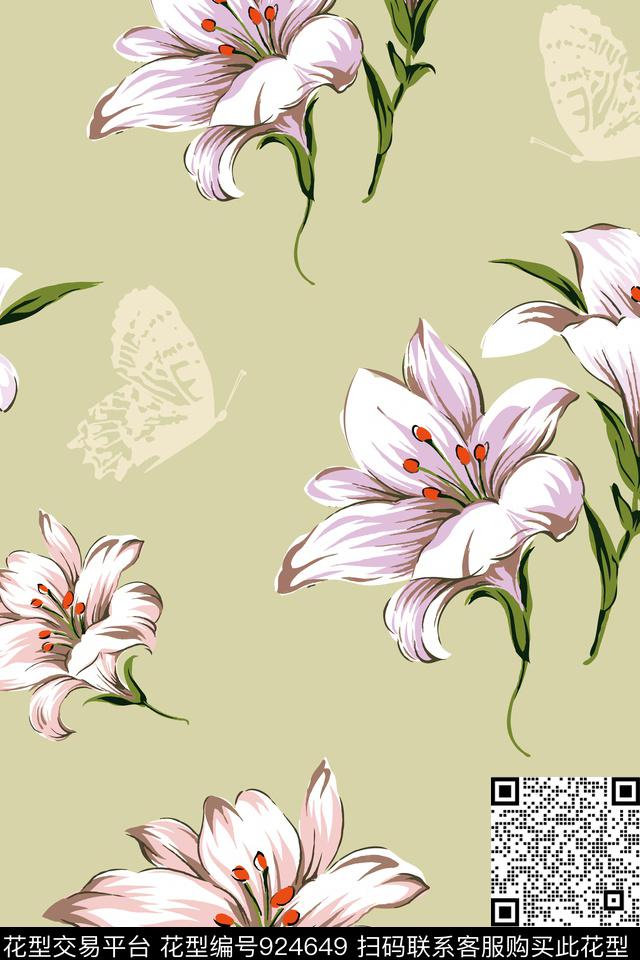 花卉百合蝴蝶数码印花华亿平台下载（图片编号: 924649） - 瓦栏（Walan）