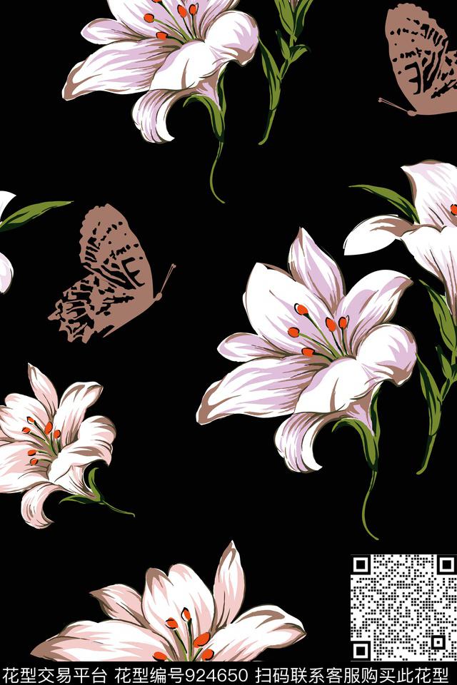 花卉百合蝴蝶数码印花华亿平台下载（图片编号: 924650） - 瓦栏（Walan）