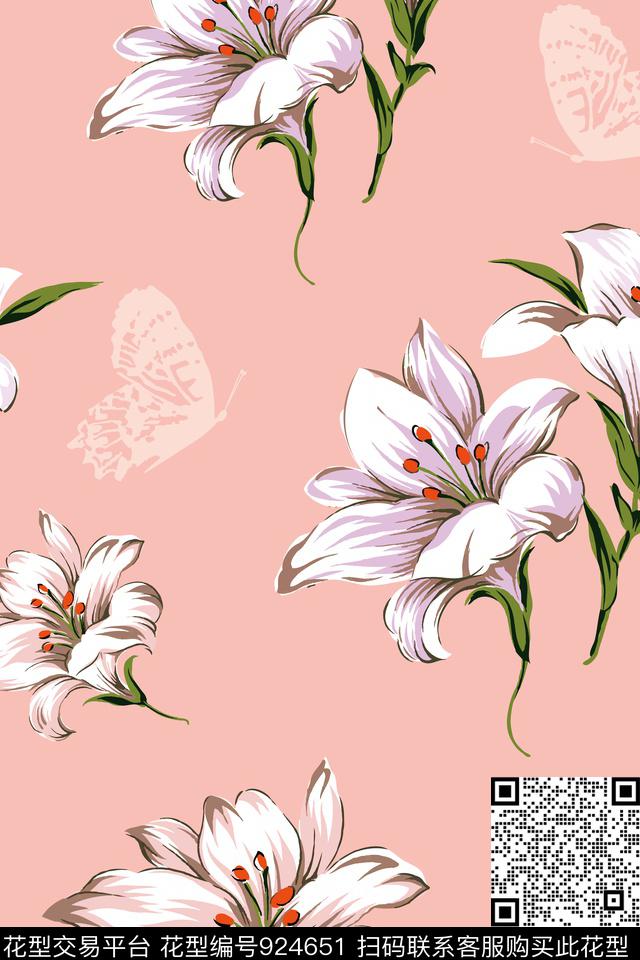 花卉百合蝴蝶数码印花华亿平台下载（图片编号: 924651） - 瓦栏（Walan）