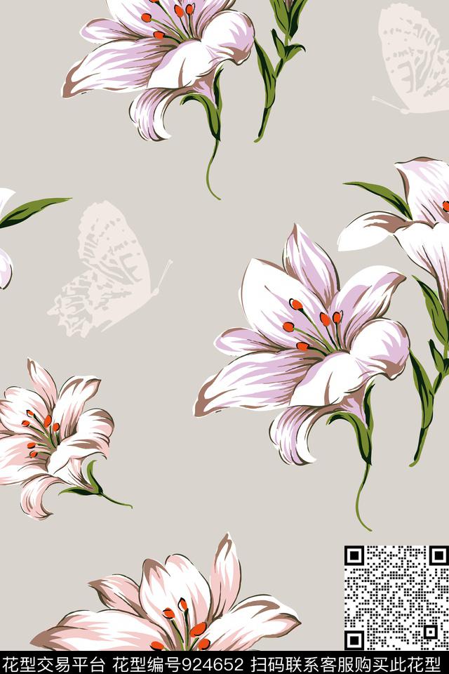 花卉百合蝴蝶数码印花华亿平台下载（图片编号: 924652） - 瓦栏（Walan）