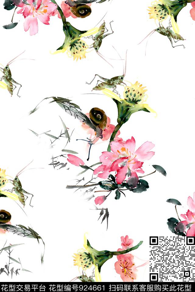 手绘花卉鸟/昆虫艺术数码印花华亿平台下载（图片编号: 924661） - 瓦栏（Walan）