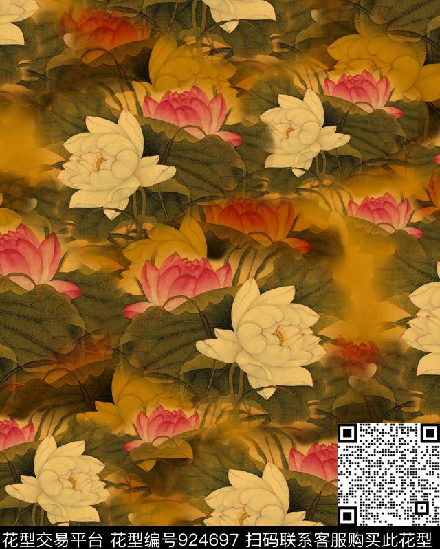 花卉香云纱荷花数码印花华亿平台下载（图片编号: 924697） - 瓦栏（Walan）