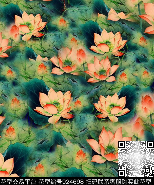 花卉荷花国画数码印花华亿平台下载（图片编号: 924698） - 瓦栏（Walan）