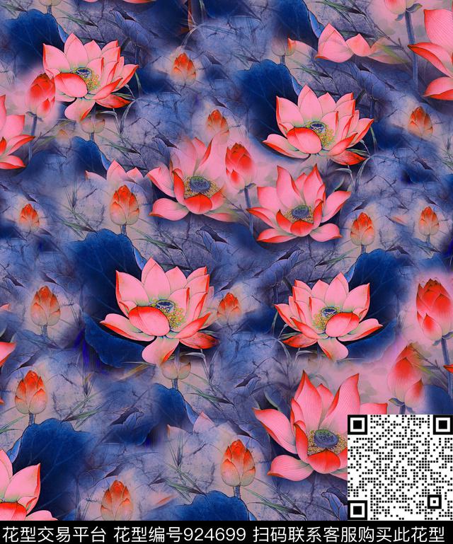 花卉荷花国画数码印花华亿平台下载（图片编号: 924699） - 瓦栏（Walan）