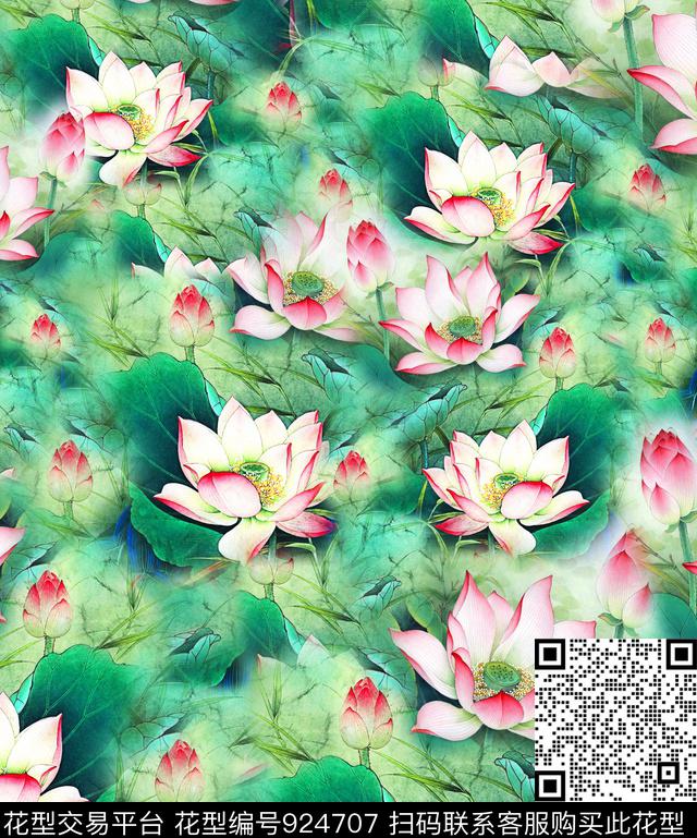 花卉荷花国画数码印花华亿平台下载（图片编号: 924707） - 瓦栏（Walan）