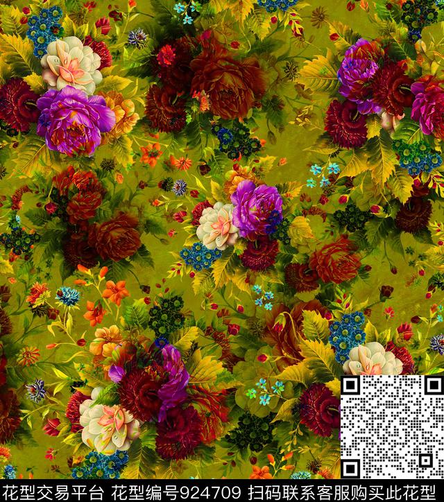 花卉香云纱油画华亿平台数码印花华亿平台下载（图片编号: 924709） - 瓦栏（Walan）