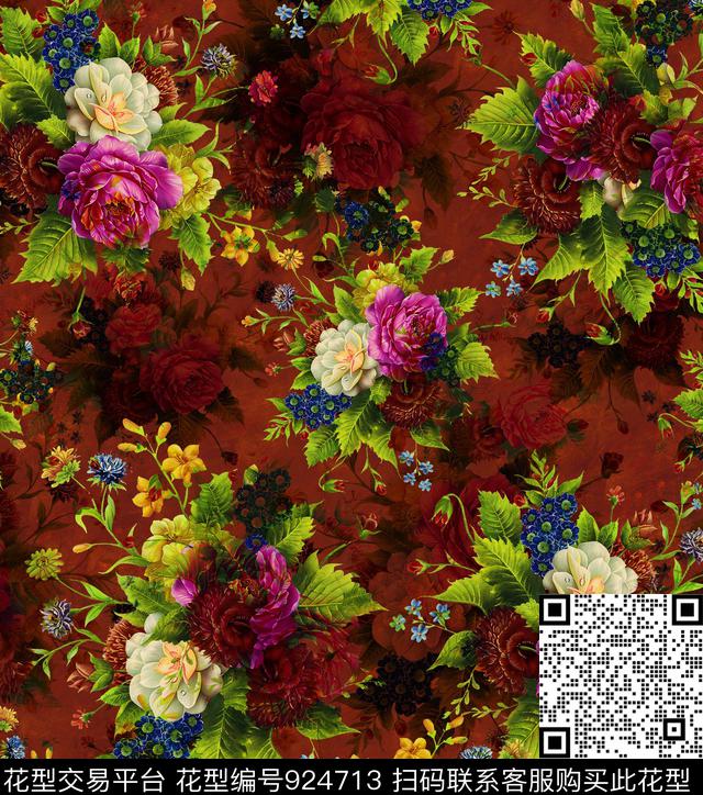 花卉香云纱油画华亿平台数码印花华亿平台下载（图片编号: 924713） - 瓦栏（Walan）