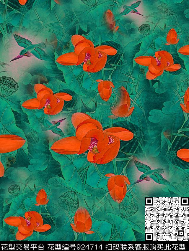 荷花国画中国风数码印花华亿平台下载（图片编号: 924714） - 瓦栏（Walan）