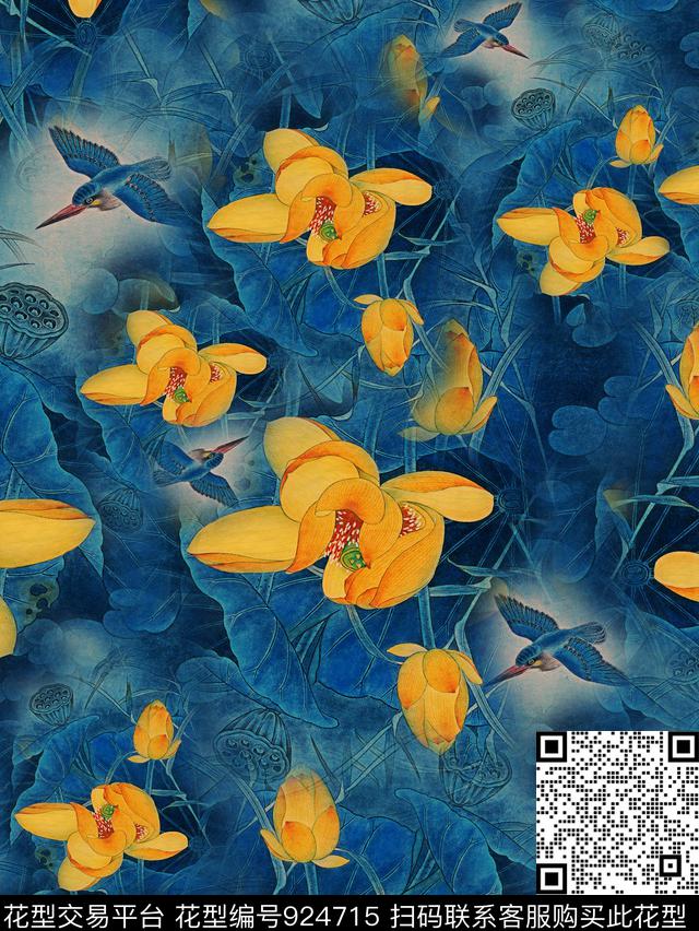 荷花国画中国风数码印花华亿平台下载（图片编号: 924715） - 瓦栏（Walan）