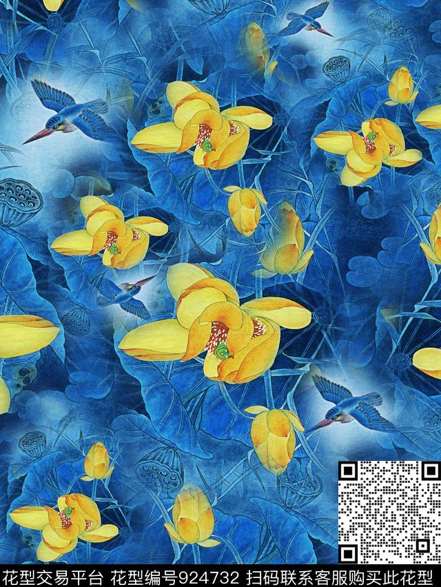 荷花国画中国风数码印花华亿平台下载（图片编号: 924732） - 瓦栏（Walan）
