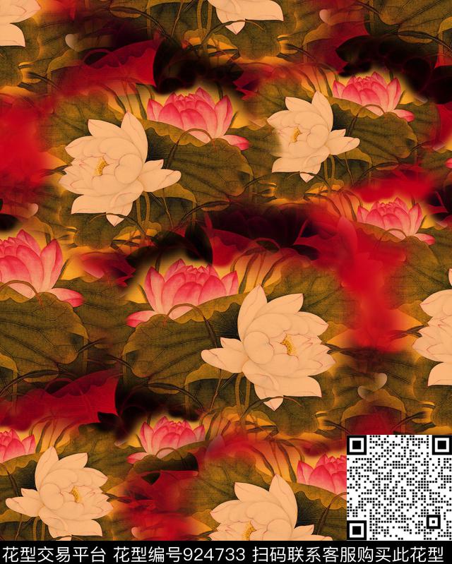 花卉香云纱荷花数码印花华亿平台下载（图片编号: 924733） - 瓦栏（Walan）