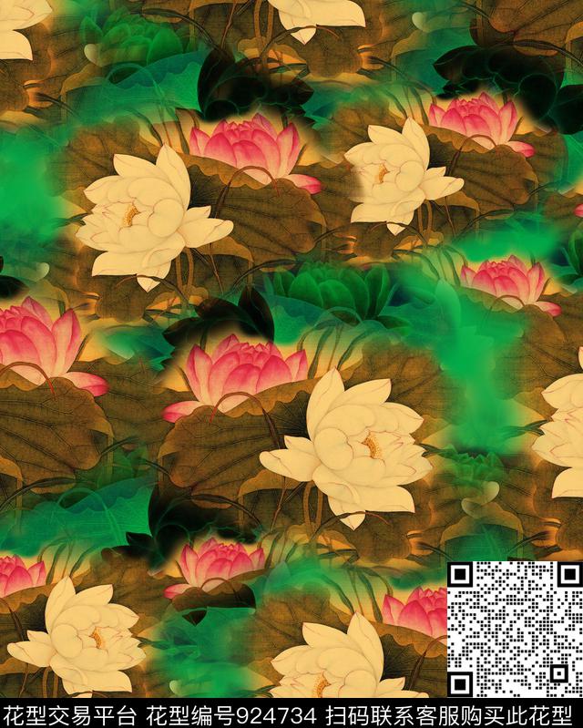 花卉香云纱荷花数码印花华亿平台下载（图片编号: 924734） - 瓦栏（Walan）