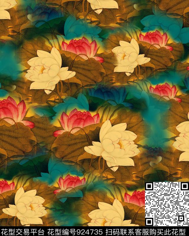 花卉香云纱荷花数码印花华亿平台下载（图片编号: 924735） - 瓦栏（Walan）
