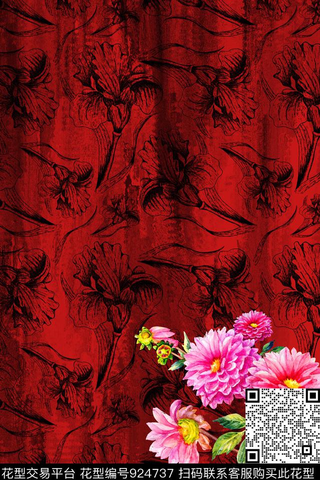 花卉定位花渐变数码印花华亿平台下载（图片编号: 924737） - 瓦栏（Walan）