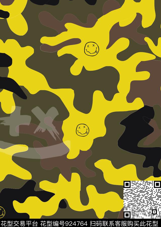 迷彩黄色笑脸大牌风数码印花华亿平台下载（图片编号: 924764） - 瓦栏（Walan）
