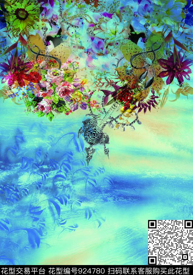 花卉定位花蓝色数码印花华亿平台下载（图片编号: 924780） - 瓦栏（Walan）