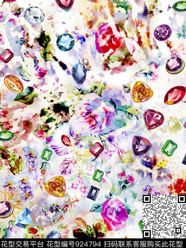 花卉定位花珠宝宝石数码印花华亿平台下载（图片编号: 924794） - 瓦栏（Walan）