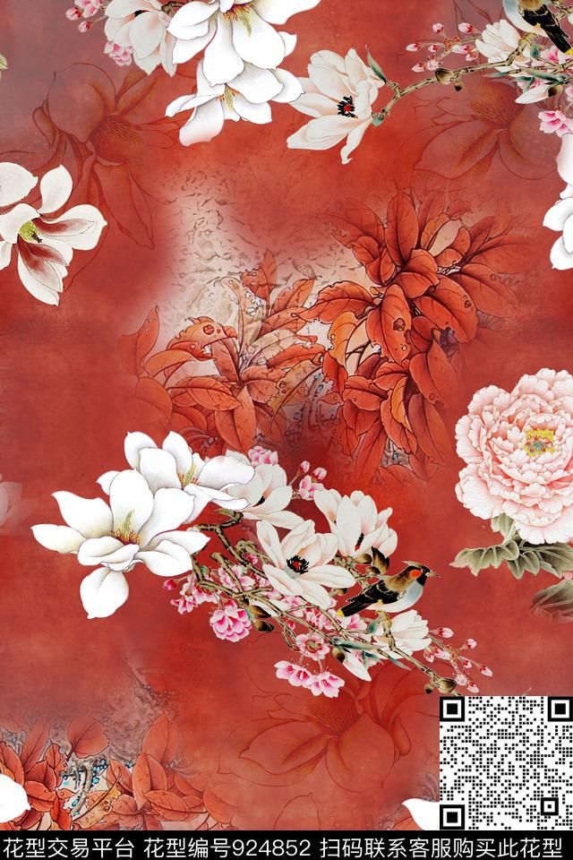 牡丹中国风国画数码印花华亿平台下载（图片编号: 924852） - 瓦栏（Walan）