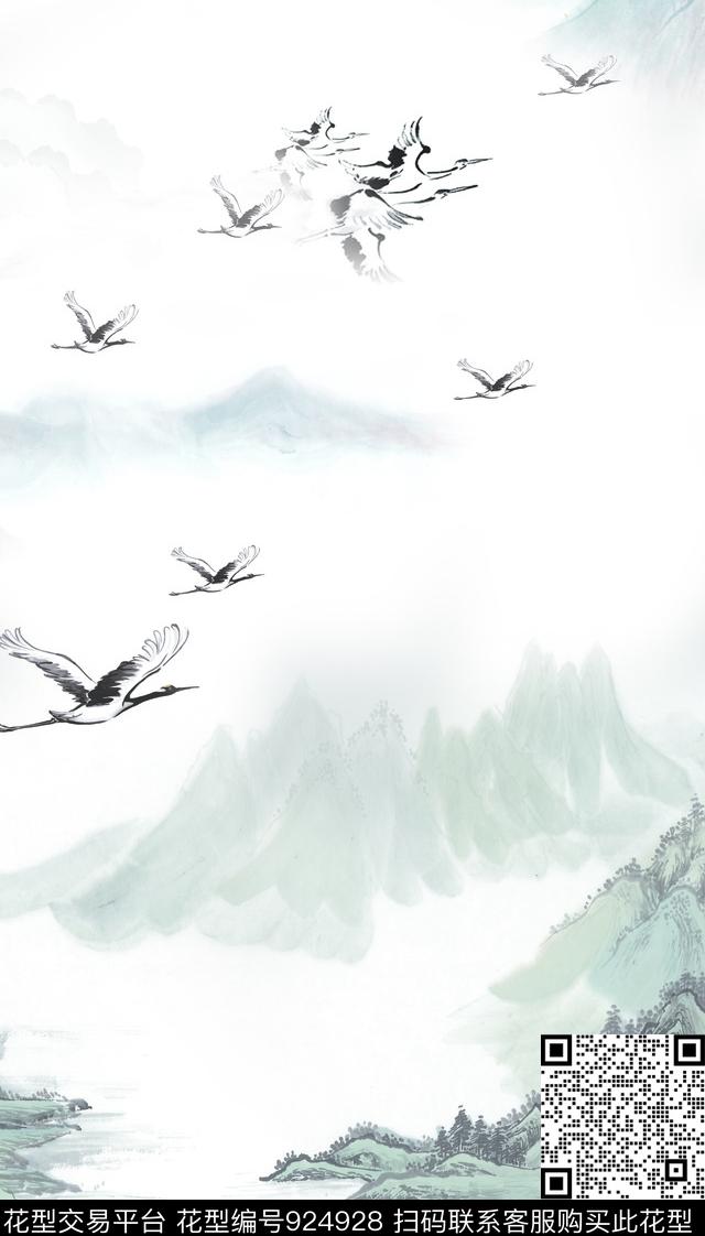 中国风长巾仙鹤数码印花华亿平台下载（图片编号: 924928） - 瓦栏（Walan）