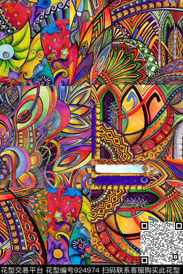 格子几何抽象数码印花华亿平台下载（图片编号: 924974） - 瓦栏（Walan）