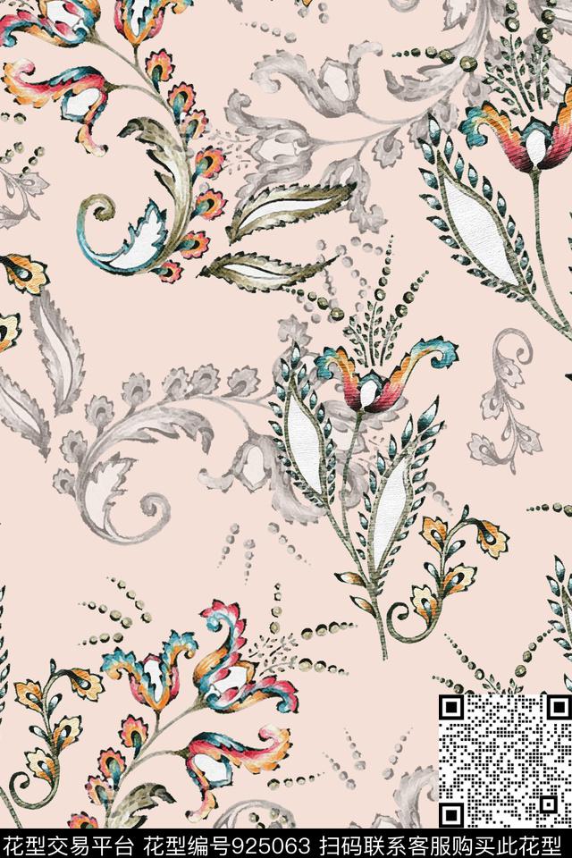 卷草手绘花卉民族风数码印花华亿平台下载（图片编号: 925063） - 瓦栏（Walan）