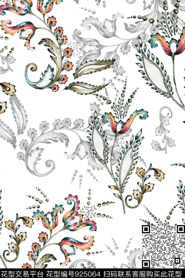 卷草手绘花卉民族风数码印花华亿平台下载（图片编号: 925064） - 瓦栏（Walan）