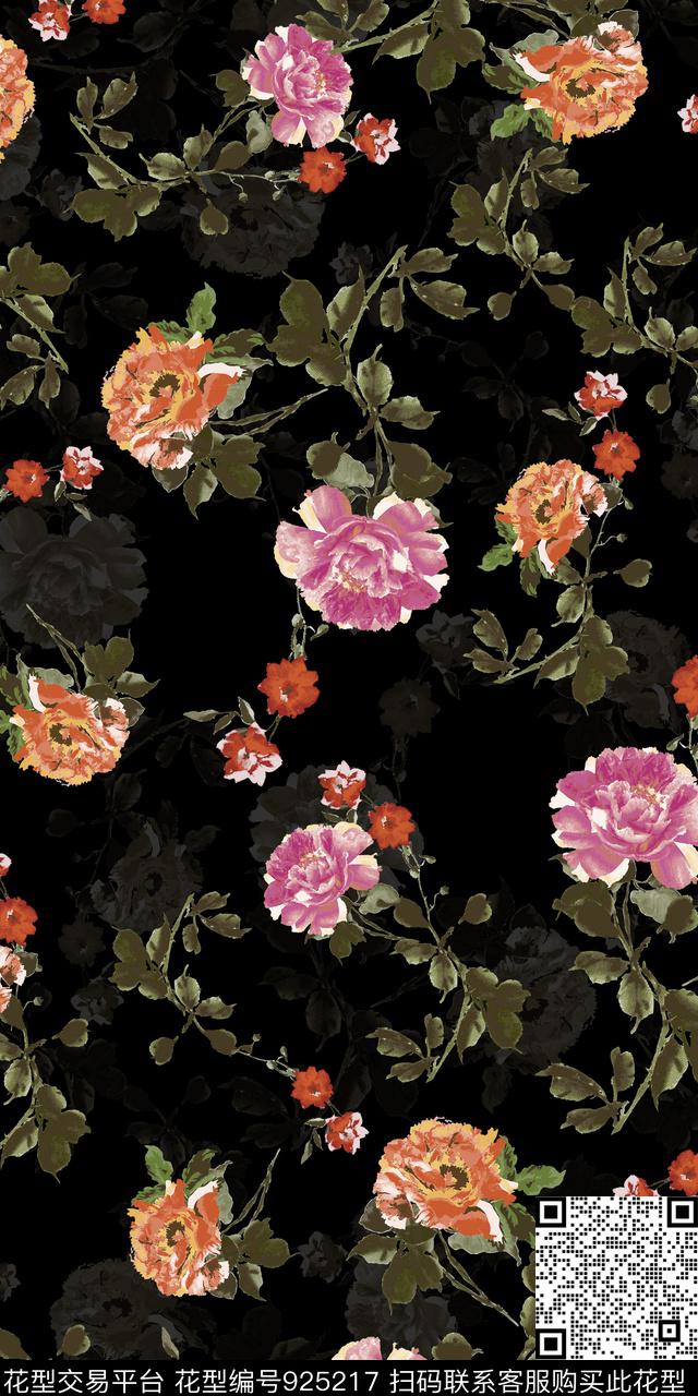 花卉3D立体黑底花卉数码印花华亿平台下载（图片编号: 925217） - 瓦栏（Walan）
