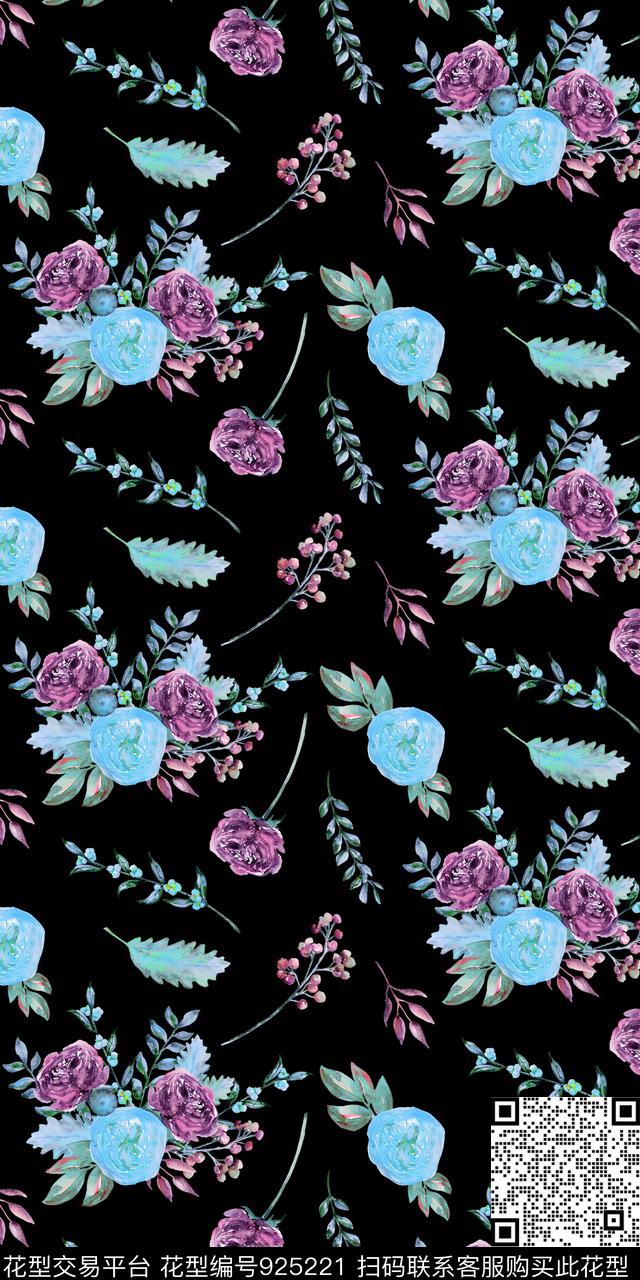黑底花卉小碎花手绘花卉数码印花华亿平台下载（图片编号: 925221） - 瓦栏（Walan）
