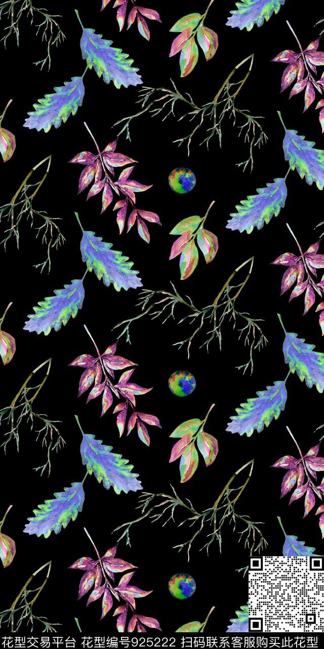 黑底花卉各种叶子手绘叶子数码印花华亿平台下载（图片编号: 925222） - 瓦栏（Walan）