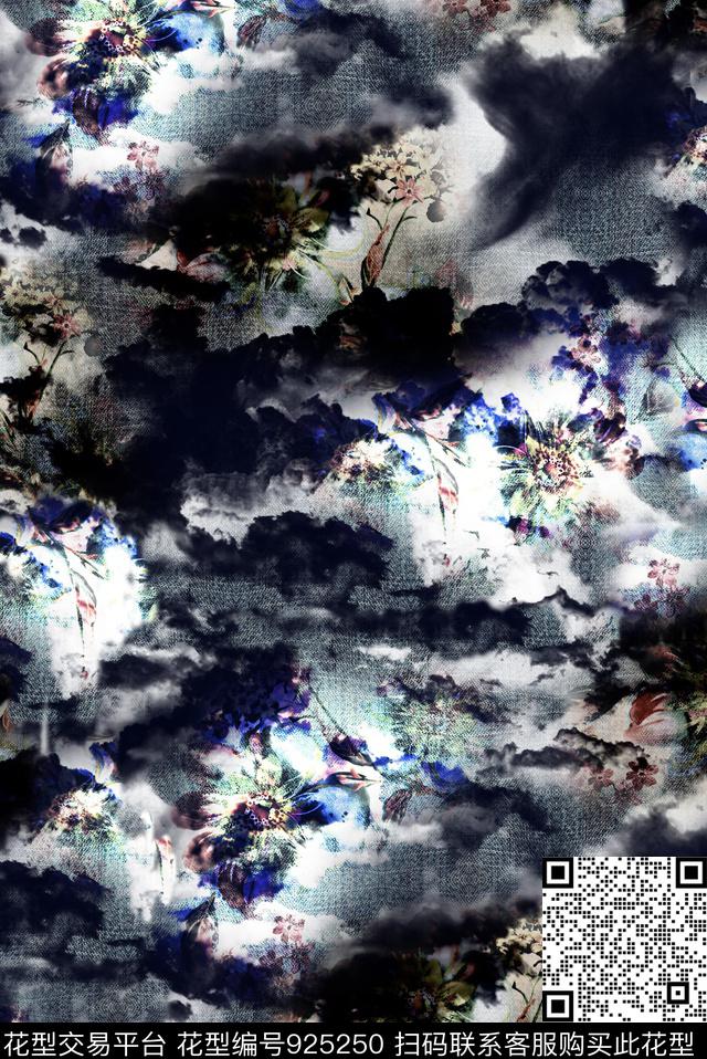 泼墨水彩花卉朦胧花卉数码印花华亿平台下载（图片编号: 925250） - 瓦栏（Walan）