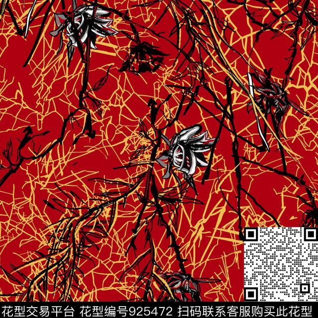 树枝线条抽象花卉数码印花华亿平台下载（图片编号: 925472） - 瓦栏（Walan）