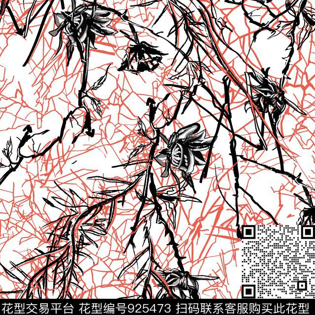 树枝线条抽象花卉数码印花华亿平台下载（图片编号: 925473） - 瓦栏（Walan）
