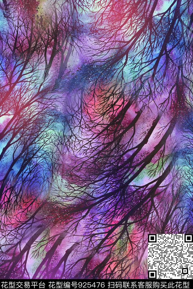 炫彩树树枝数码印花华亿平台下载（图片编号: 925476） - 瓦栏（Walan）