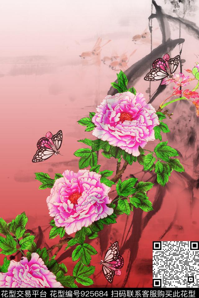 花卉定位花渐变数码印花华亿平台下载（图片编号: 925684） - 瓦栏（Walan）