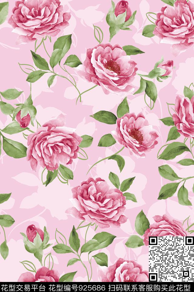田园水彩花卉玫瑰花数码印花华亿平台下载（图片编号: 925686） - 瓦栏（Walan）