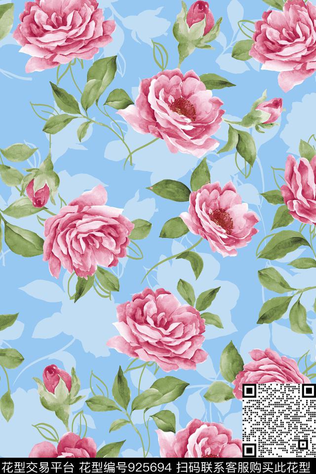 田园水彩花卉玫瑰花数码印花华亿平台下载（图片编号: 925694） - 瓦栏（Walan）