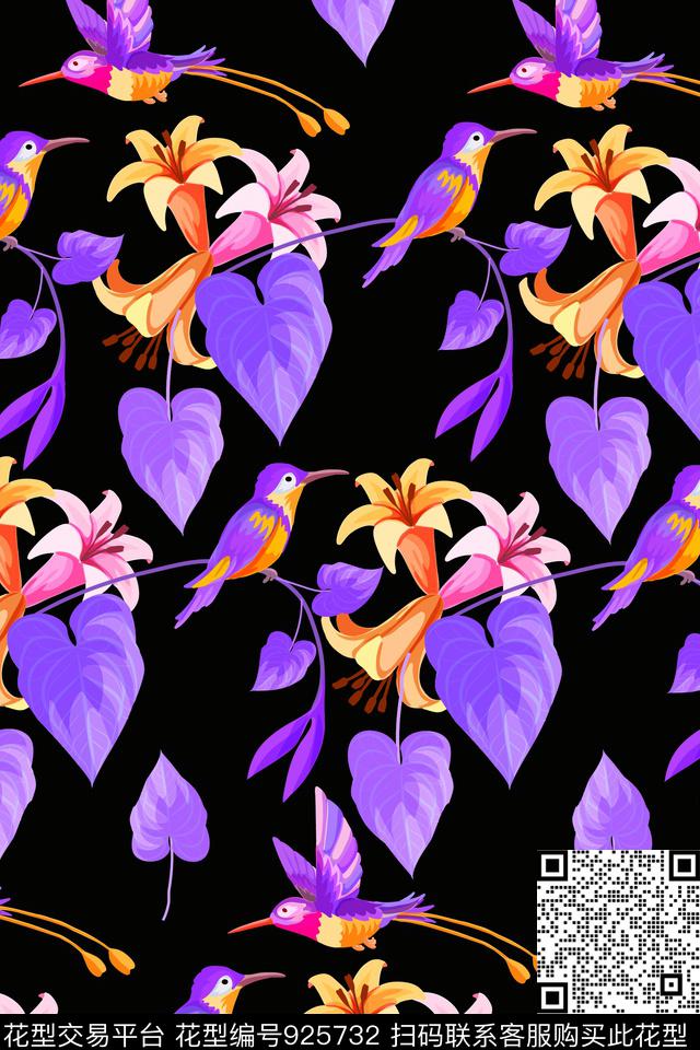 树枝植物比翼鸟数码印花华亿平台下载（图片编号: 925732） - 瓦栏（Walan）