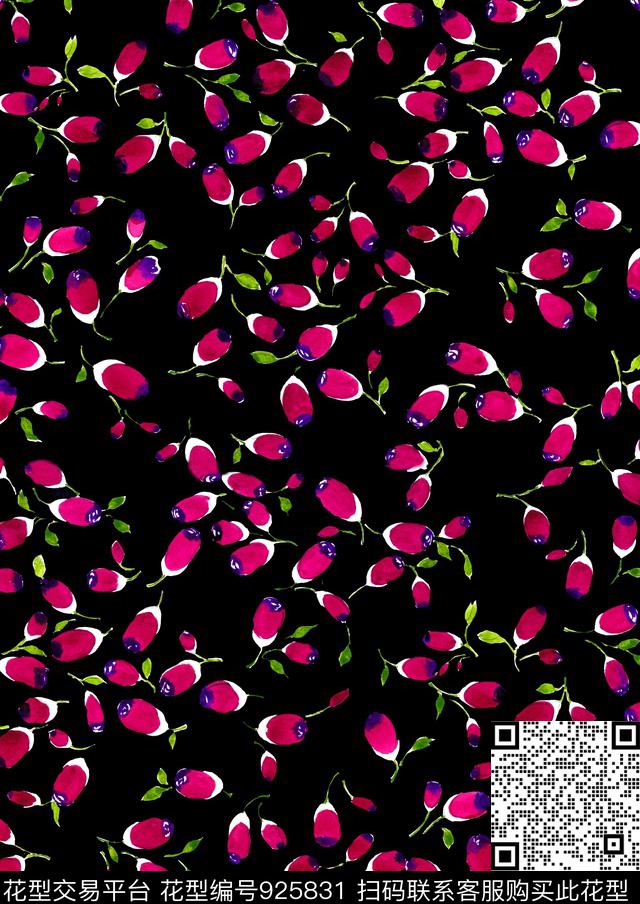 田园水彩花卉黑底花卉数码印花华亿平台下载（图片编号: 925831） - 瓦栏（Walan）