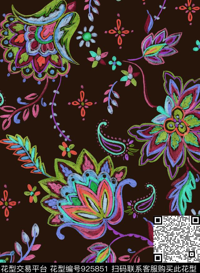 民族风水彩花卉波西米亚数码印花华亿平台下载（图片编号: 925851） - 瓦栏（Walan）