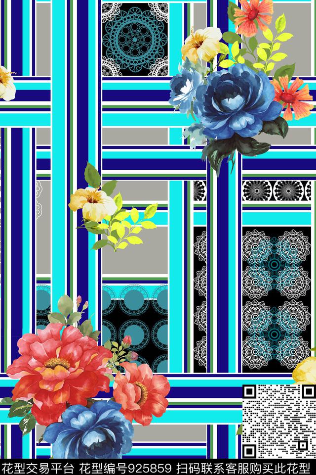 花卉几何条纹传统印花华亿平台下载（图片编号: 925859） - 瓦栏（Walan）