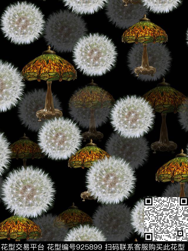 蒲公英台灯黑底花卉数码印花华亿平台下载（图片编号: 925899） - 瓦栏（Walan）