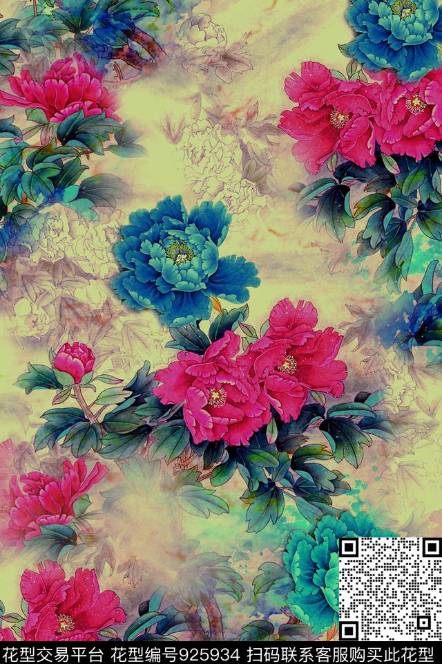 花卉牡丹中国风数码印花华亿平台下载（图片编号: 925934） - 瓦栏（Walan）