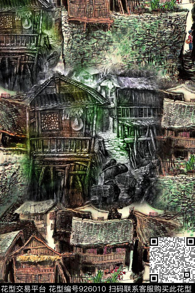 建筑国画风景景观数码印花华亿平台下载（图片编号: 926010） - 瓦栏（Walan）